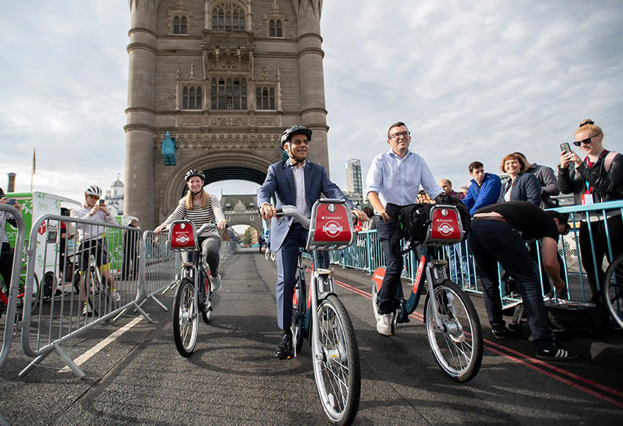 Sadiq Khan cycling across London Bridge for World Car Free Day in 2019.